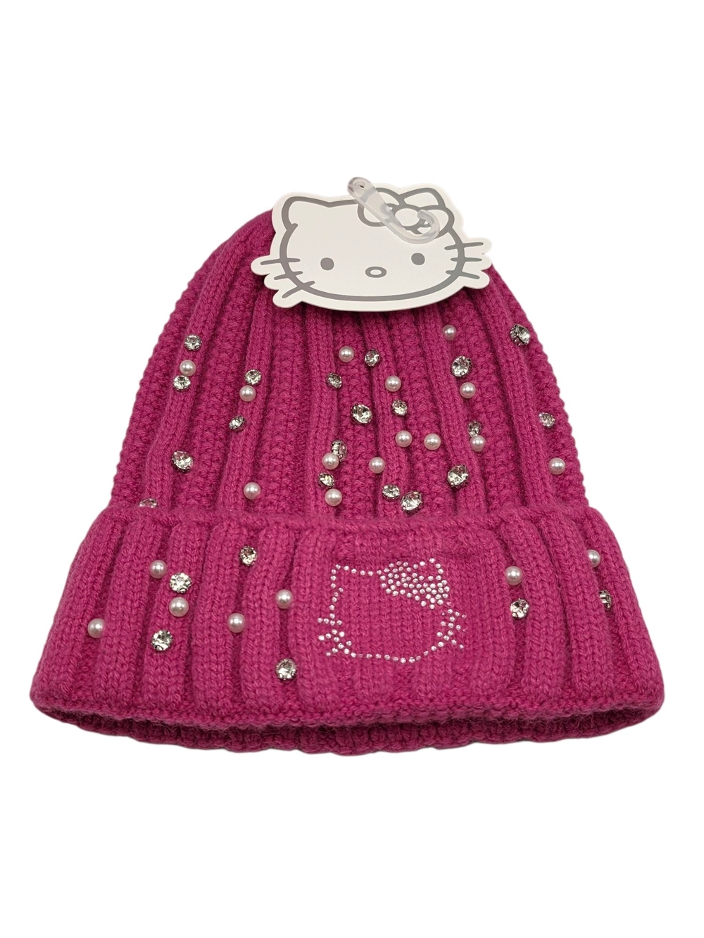 Hello Kitty Hot Pink Rhinestone & Pearl Knit Beanie